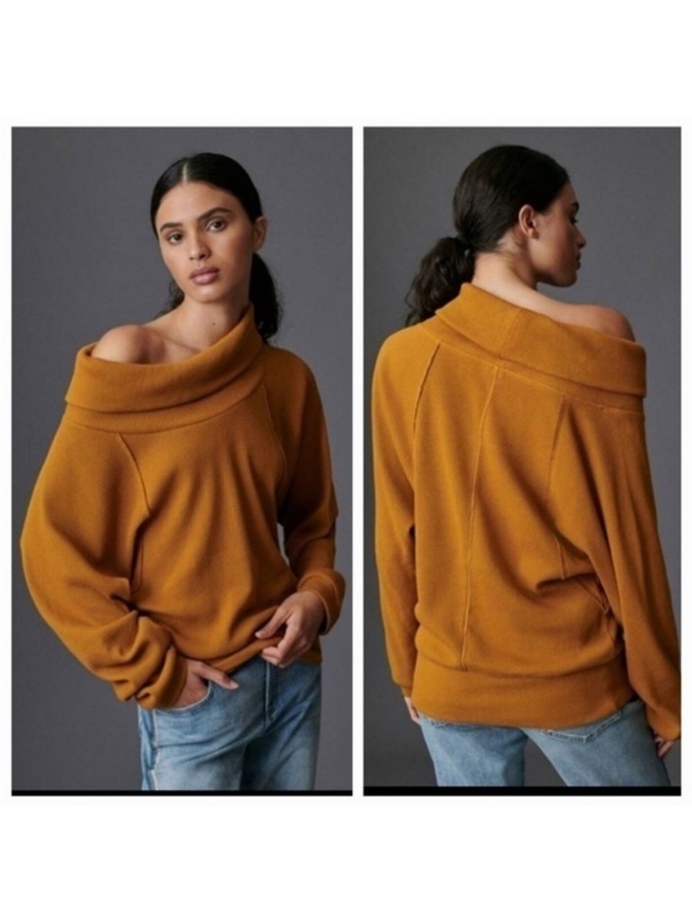Anthropologie Pilcro Mustard Yellow Orange Angie Cowl Neck Waffle Knit Sweater